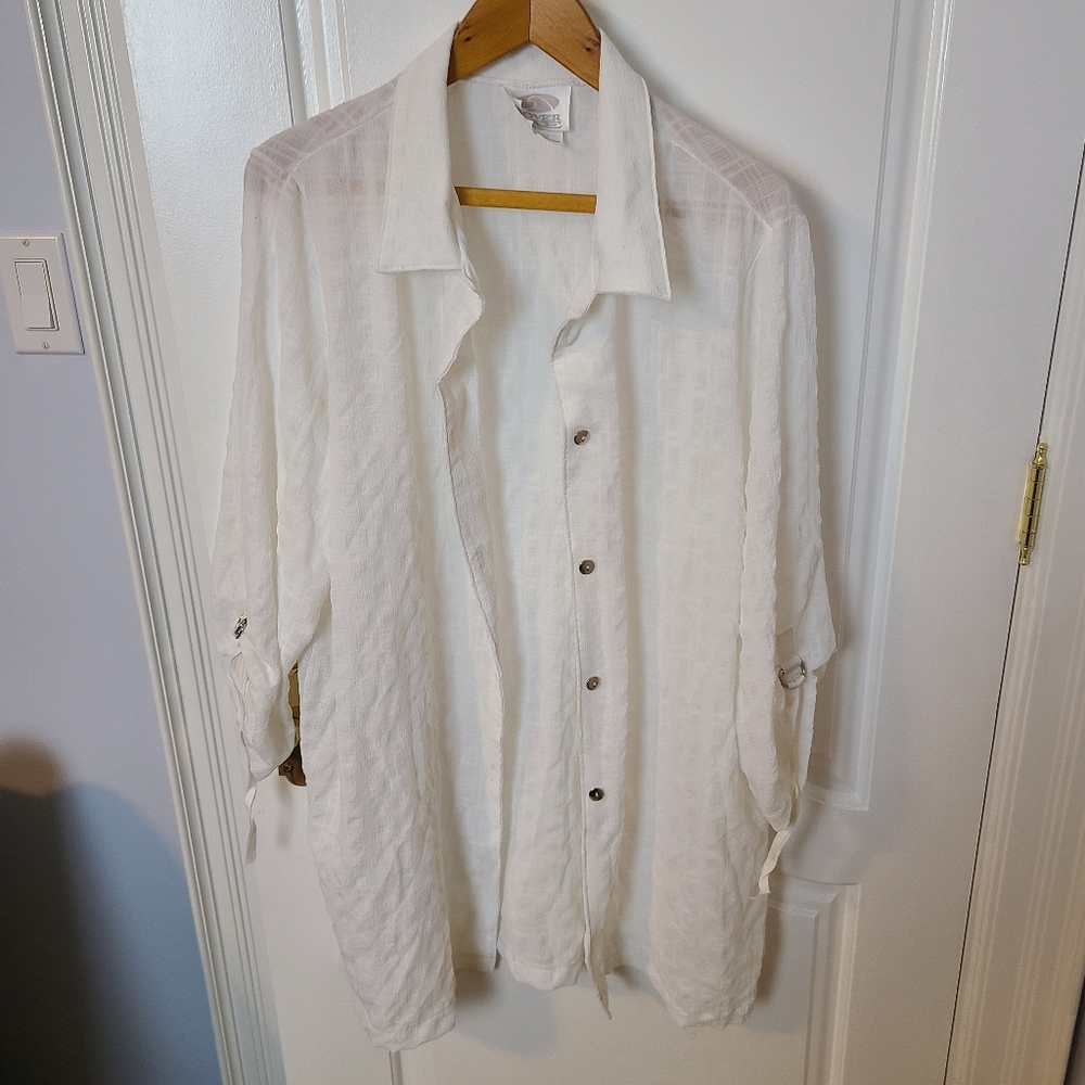 Cover Me - Sheer White Collared Button Front Swimsuit Coverup Size Large